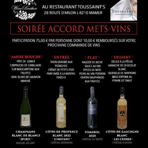 SOIRÉE ACCORD METS-VINS au Restaurant TOUSSAINT'S 05-12-2025